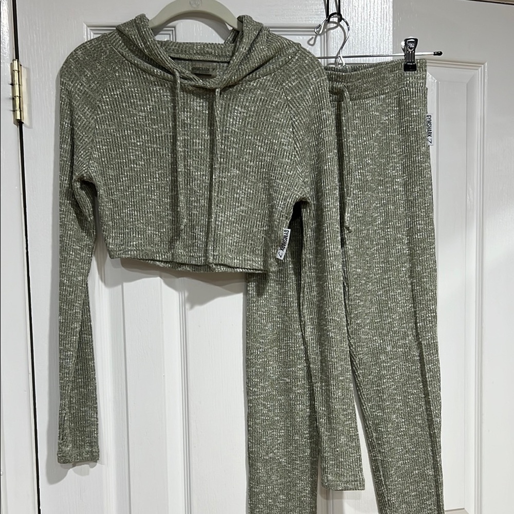 Gym Shark Green Ribbed Knit Hoodie and Pants Set